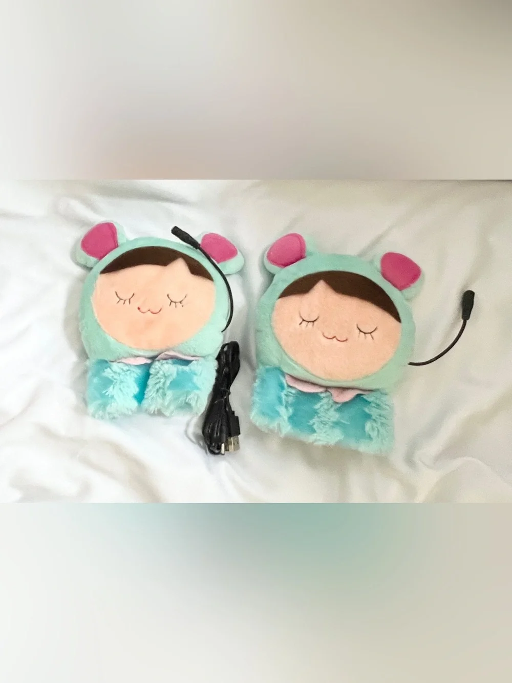 Cute Plush USB Heated Mittens Teal Kawaii Winter Hand Warmers Fingerless Pair